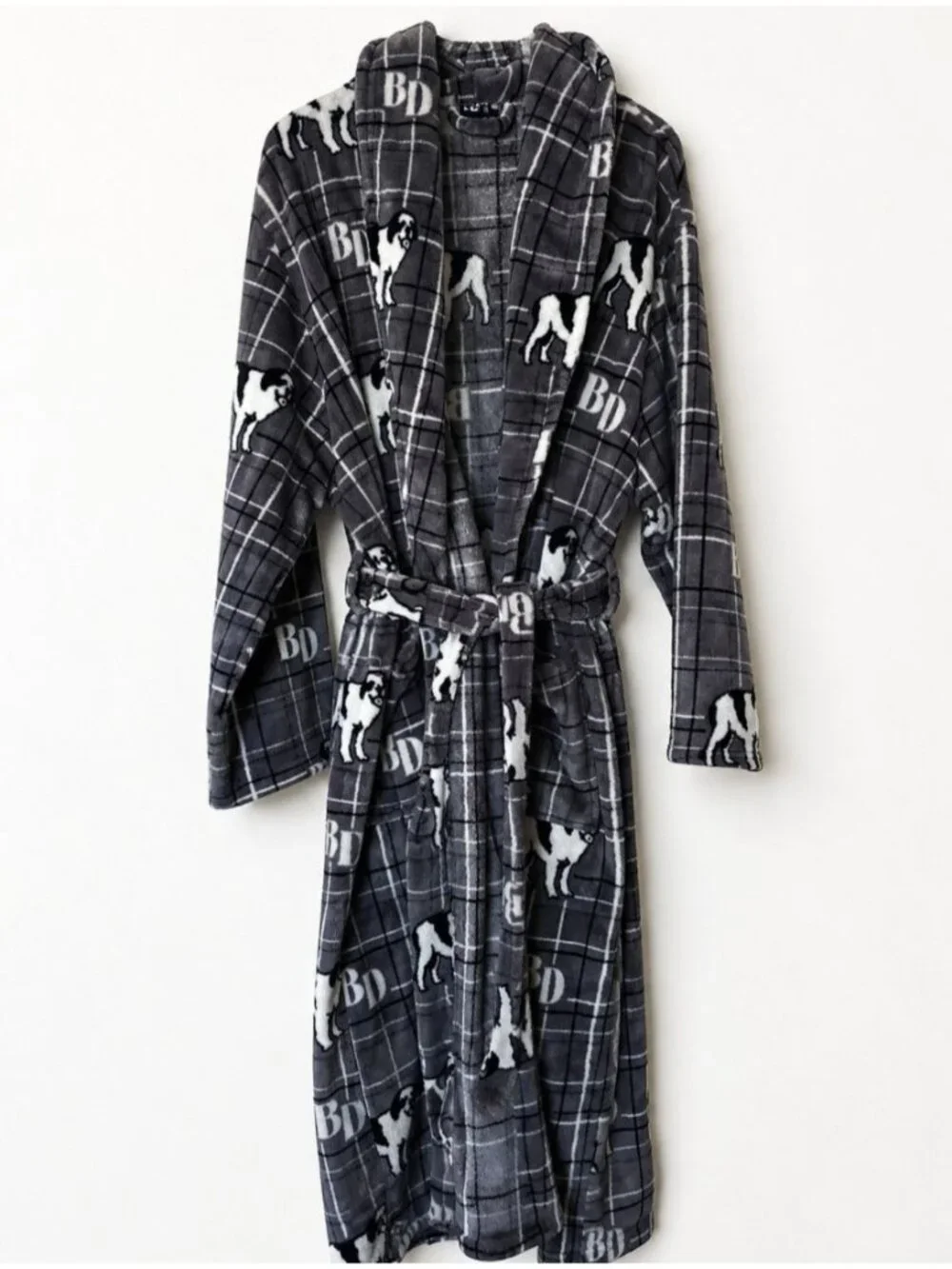Big Dogs Plush Fleece Bath Robe Gray Plaid One Size Belted Soft Men's Robe